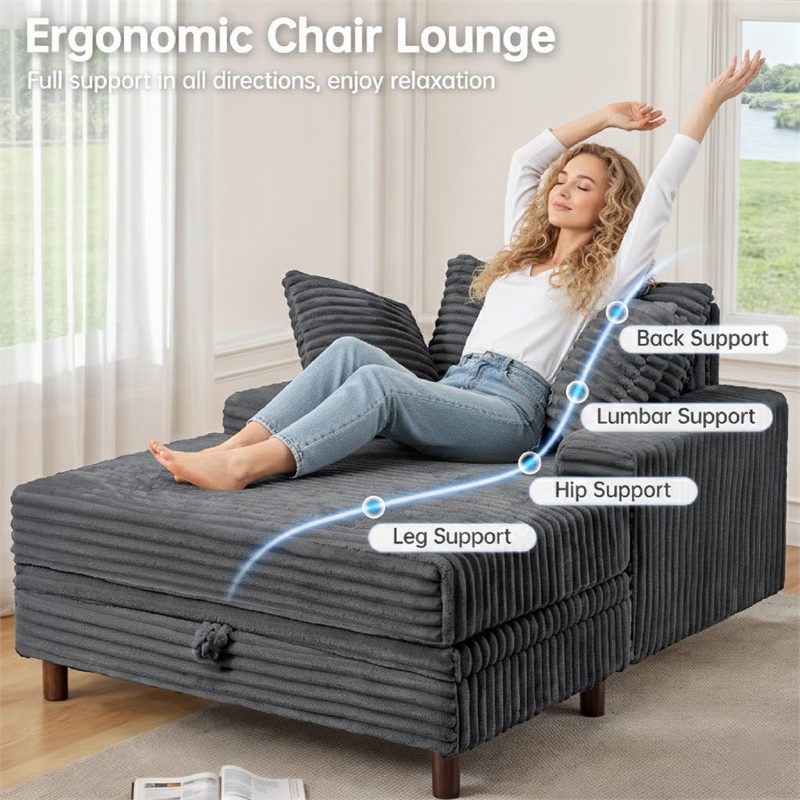 Corduroy Chaise Lounge with Storage & Removable Pillows & Foam Filling - Gray