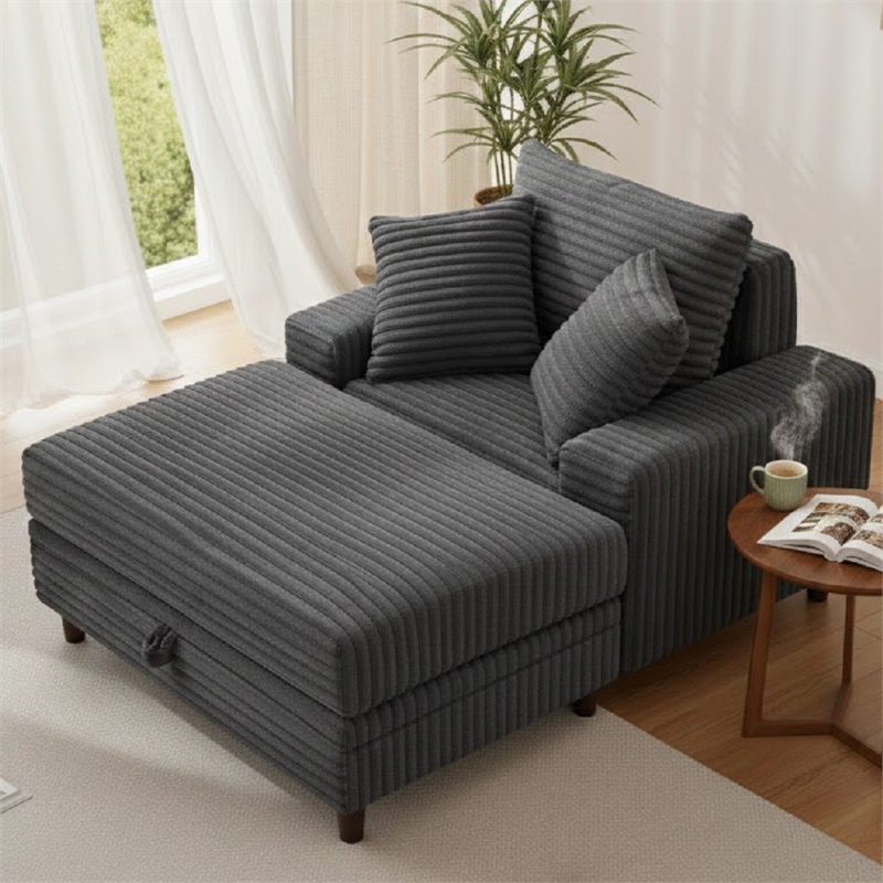Corduroy Chaise Lounge with Storage & Removable Pillows & Foam Filling - Gray