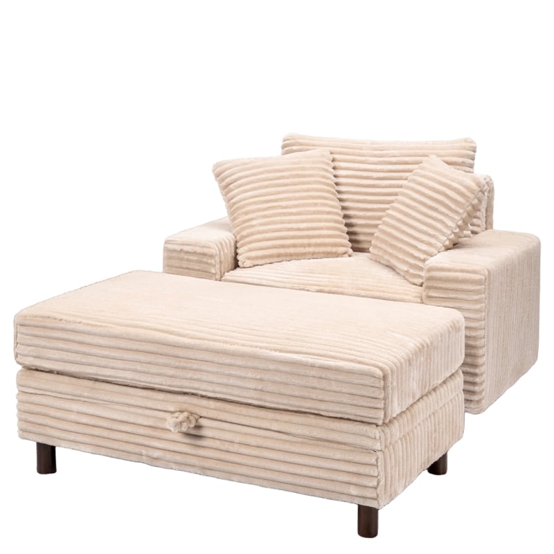Corduroy Chaise Lounge with Storage & Removable Pillows & Foam Filling - White