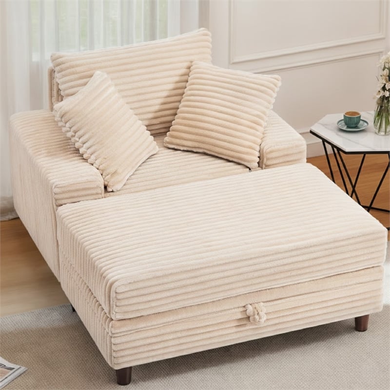 Corduroy Chaise Lounge with Storage & Removable Pillows & Foam Filling - White