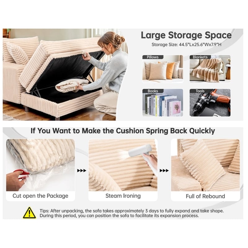 Corduroy Chaise Lounge with Storage & Removable Pillows & Foam Filling - White