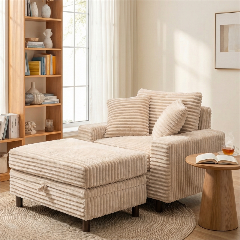 Corduroy Chaise Lounge with Storage & Removable Pillows & Foam Filling - White