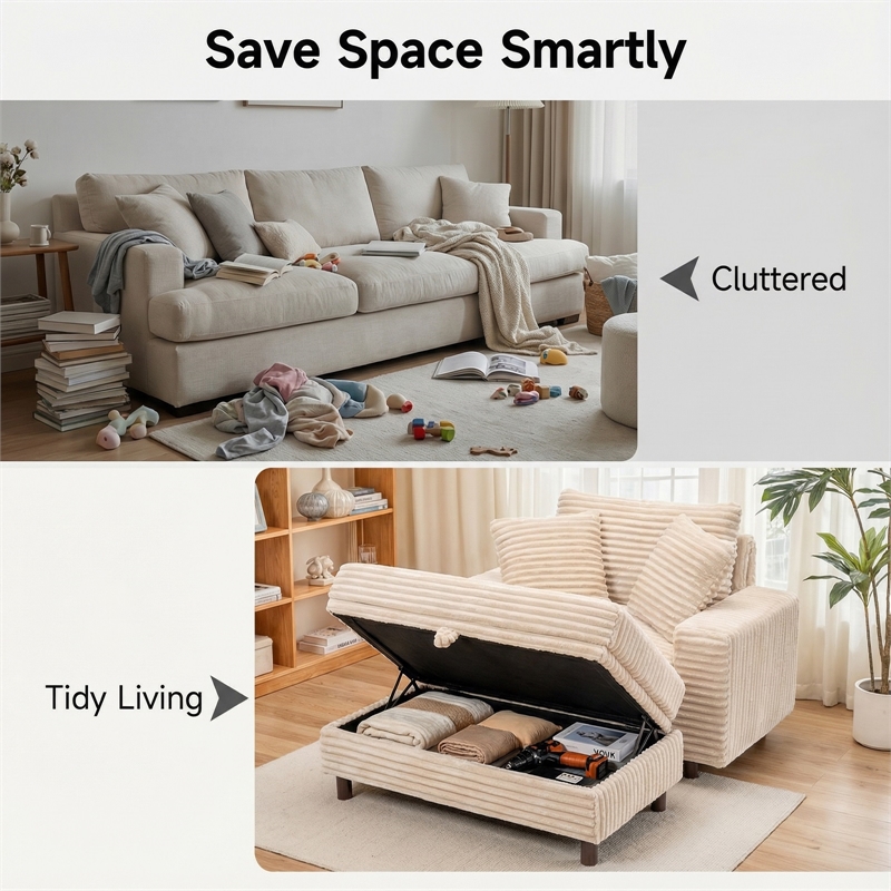 Corduroy Chaise Lounge with Storage & Removable Pillows & Foam Filling - White