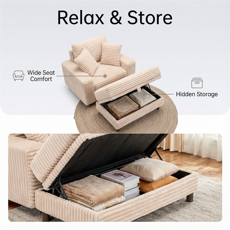 Corduroy Chaise Lounge with Storage & Removable Pillows & Foam Filling - White