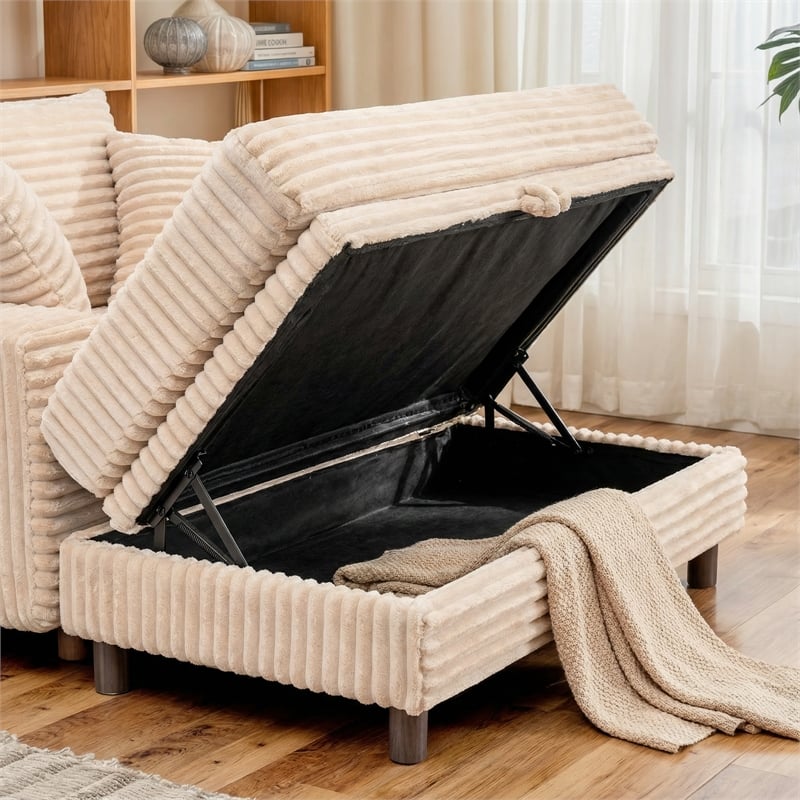 Corduroy Chaise Lounge with Storage & Removable Pillows & Foam Filling - White