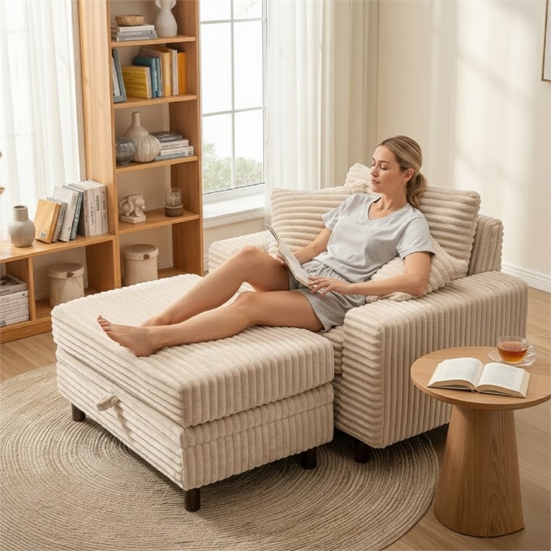 Corduroy Chaise Lounge with Storage & Removable Pillows & Foam Filling - White