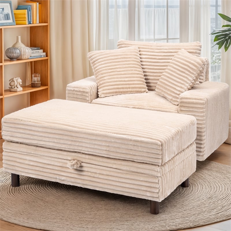 Corduroy Chaise Lounge with Storage & Removable Pillows & Foam Filling - White