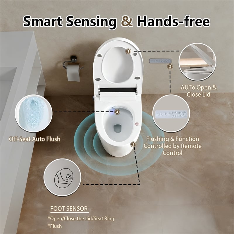 110V Smart Toilet with Foot Sensor & Power Outage Flush -Black Back Panel
