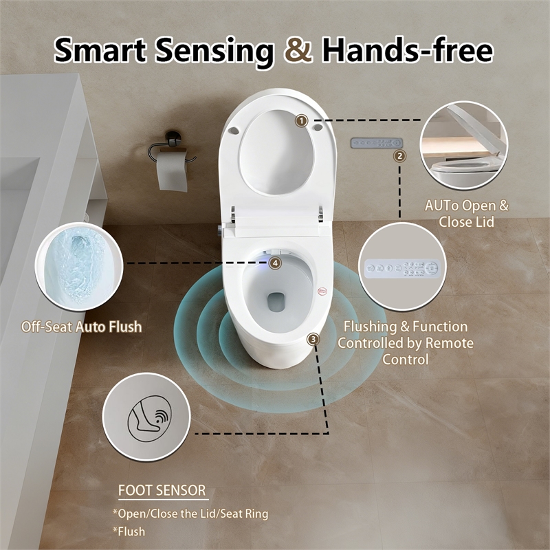 110V Smart Toilet with Foot Sensor&Power Outage Flush&Auto Lid -Black Back Panel