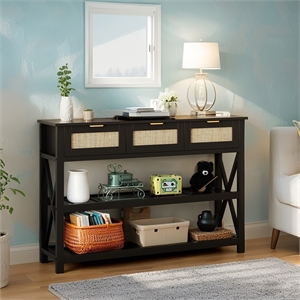 47.2&quot Black Entryway Table with X-Shaped Stable Design & Metal Handles