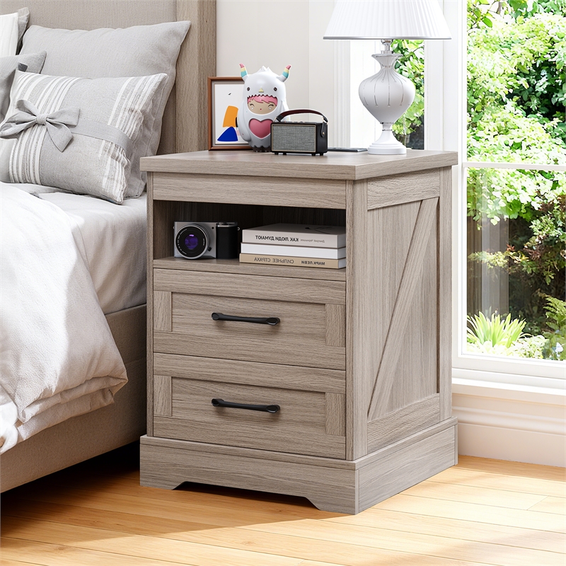 Gray End Table with 2 Drawers & Built-in Power Outlet & RGB LED Light Strip