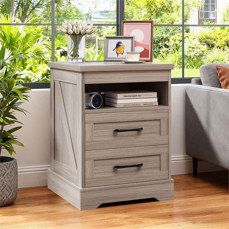 Gray End Table with 2 Drawers & Built-in Power Outlet & RGB LED Light Strip