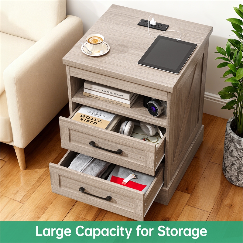 Gray End Table with 2 Drawers & Built-in Power Outlet & RGB LED Light Strip