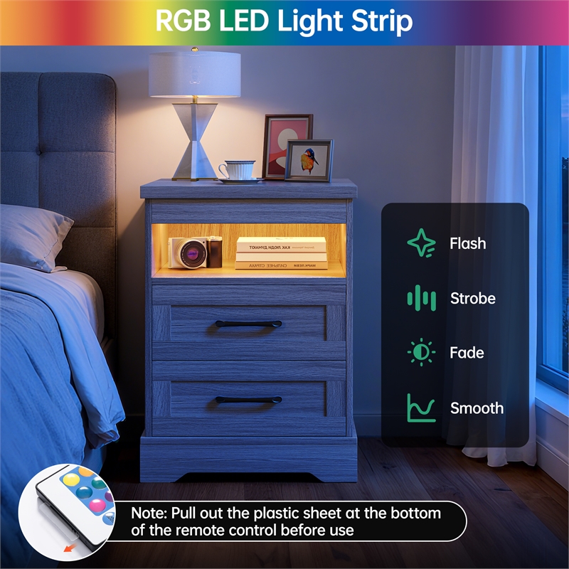 Gray End Table with 2 Drawers & Built-in Power Outlet & RGB LED Light Strip