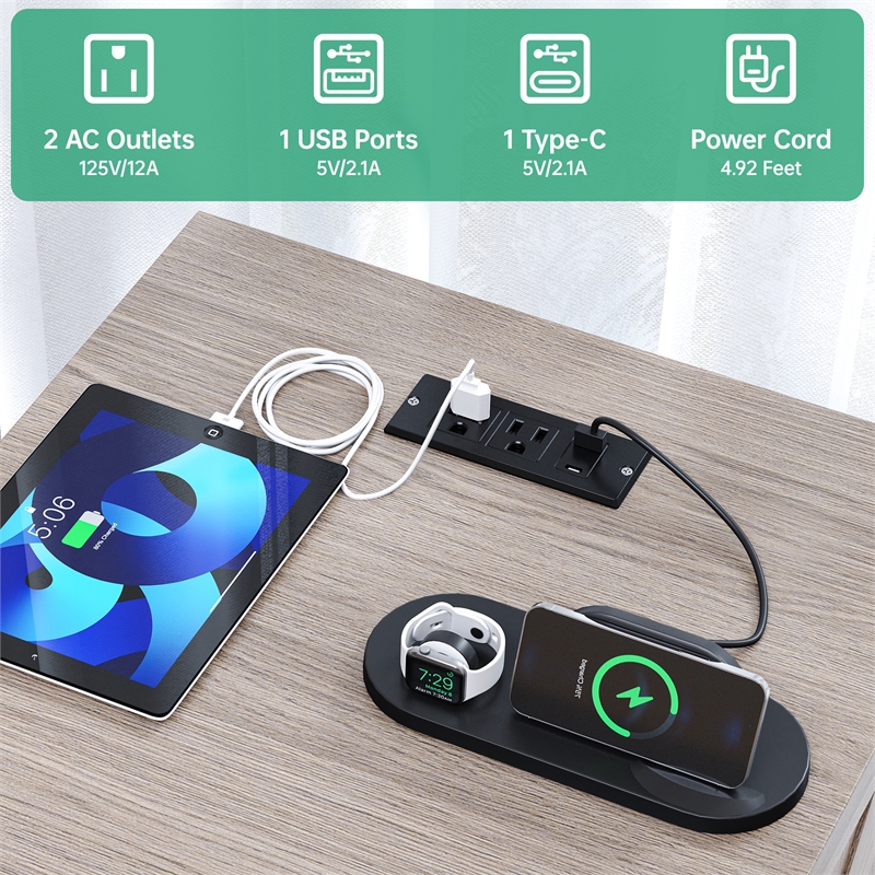 Gray End Table with 2 Drawers & Built-in Power Outlet & RGB LED Light Strip