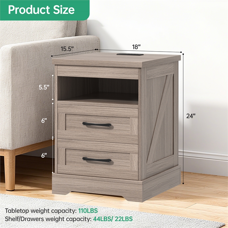 Gray End Table with 2 Drawers & Built-in Power Outlet & RGB LED Light Strip