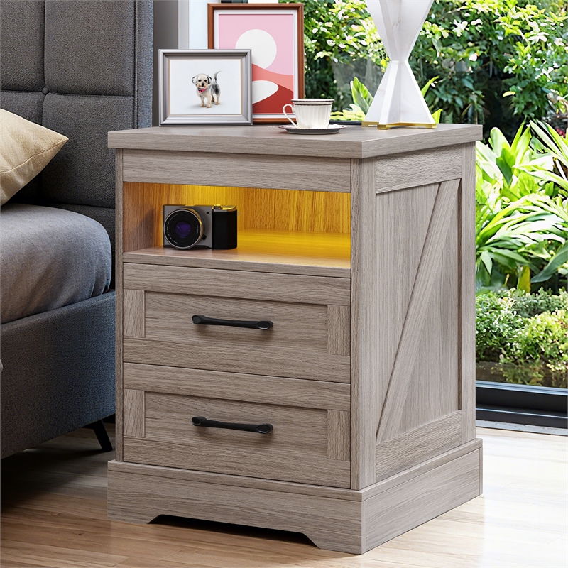 Gray End Table with 2 Drawers & Built-in Power Outlet & RGB LED Light Strip