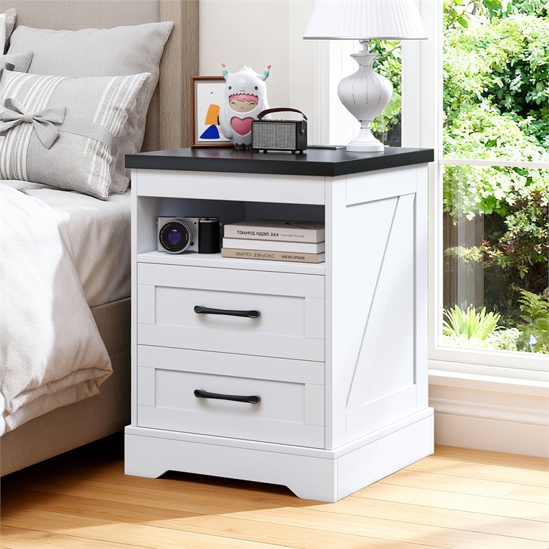 White End Table with 2 Drawers & Built-in Power Outlet & RGB LED Light Strip
