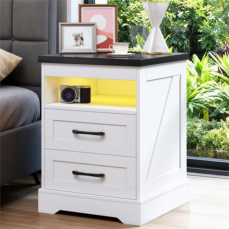 White End Table with 2 Drawers & Built-in Power Outlet & RGB LED Light Strip
