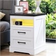 White End Table with 2 Drawers & Built-in Power Outlet & RGB LED Light Strip