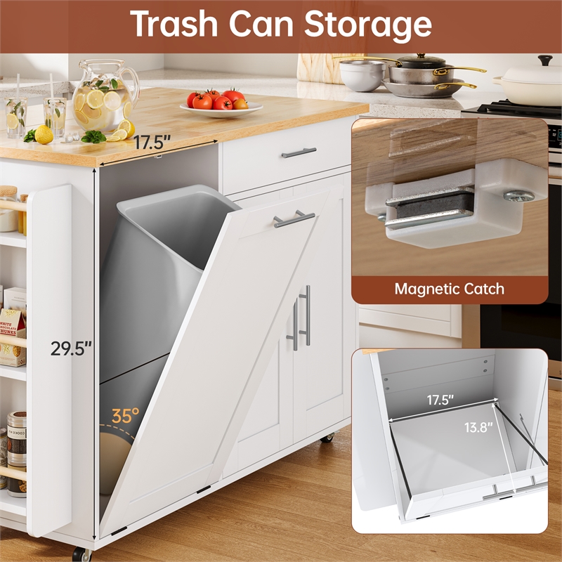 White Foldable Kitchen Island Cart with Trash Can Storage & 5 Heavy-Duty Casters