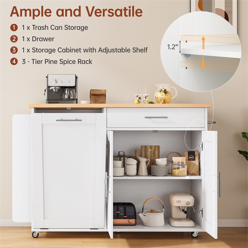 White Foldable Kitchen Island Cart with Trash Can Storage & 5 Heavy-Duty Casters
