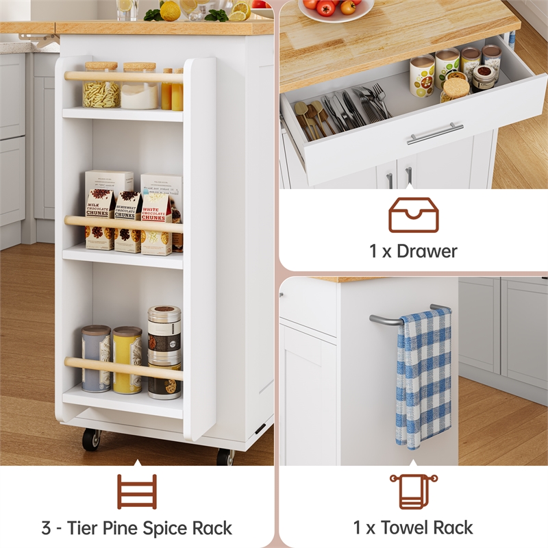 White Foldable Kitchen Island Cart with Trash Can Storage & 5 Heavy-Duty Casters