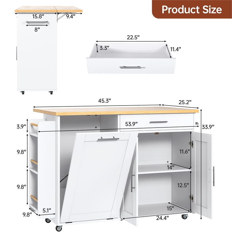 White Foldable Kitchen Island Cart with Trash Can Storage & 5 Heavy-Duty Casters
