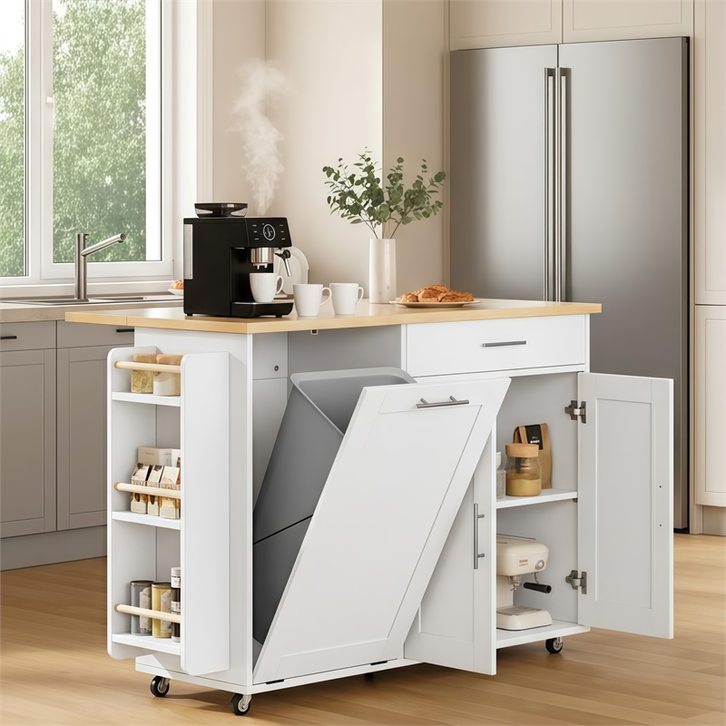 White Foldable Kitchen Island Cart with Trash Can Storage & 5 Heavy-Duty Casters