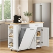 White Foldable Kitchen Island Cart with Trash Can Storage & 5 Heavy-Duty Casters