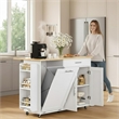 White Foldable Kitchen Island Cart with Trash Can Storage & 5 Heavy-Duty Casters