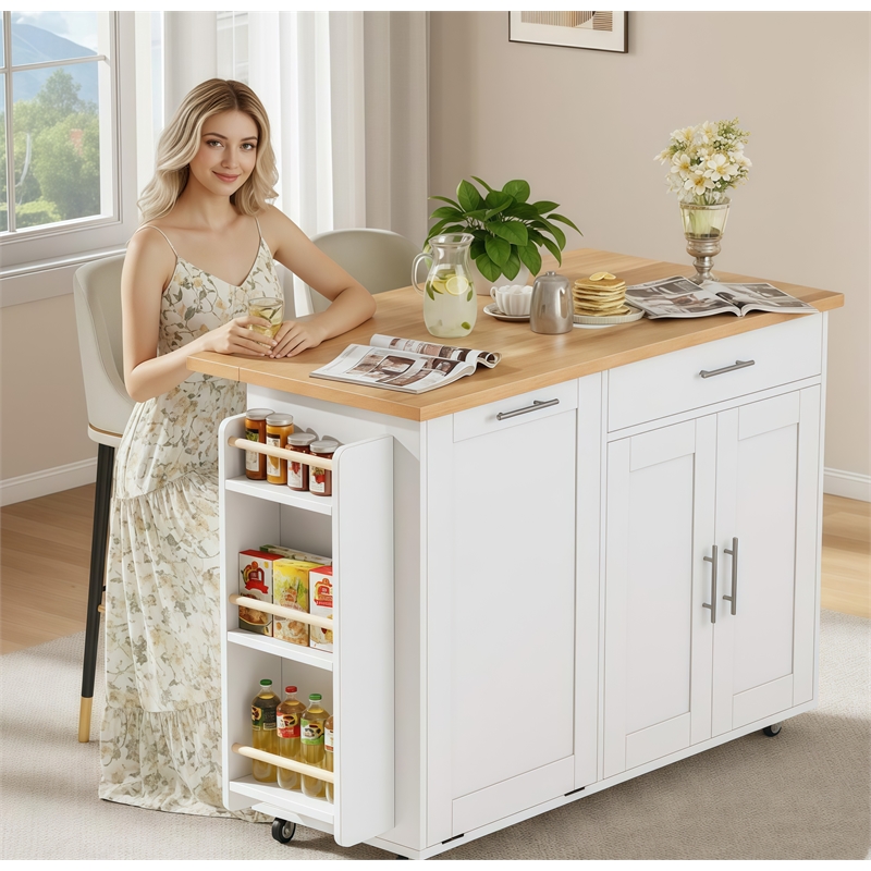 White Foldable Kitchen Island Cart with Trash Can Storage & 5 Heavy-Duty Casters