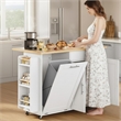 White Foldable Kitchen Island Cart with Trash Can Storage & 5 Heavy-Duty Casters