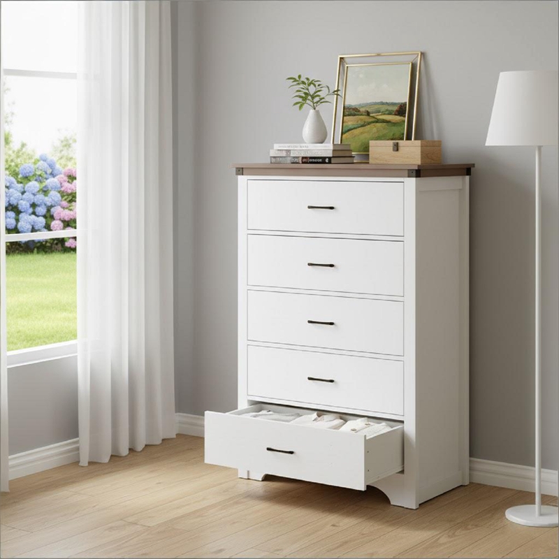 Farmhouse 5-Drawer Dresser with Anti-Tipping Device & Storage Organizer - White