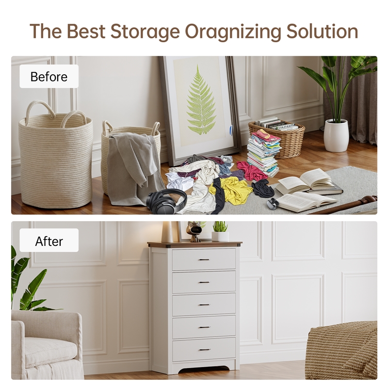 Farmhouse 5-Drawer Dresser with Anti-Tipping Device & Storage Organizer - White