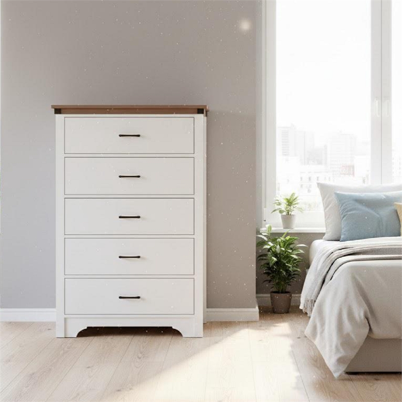 Farmhouse 5-Drawer Dresser with Anti-Tipping Device & Storage Organizer - White
