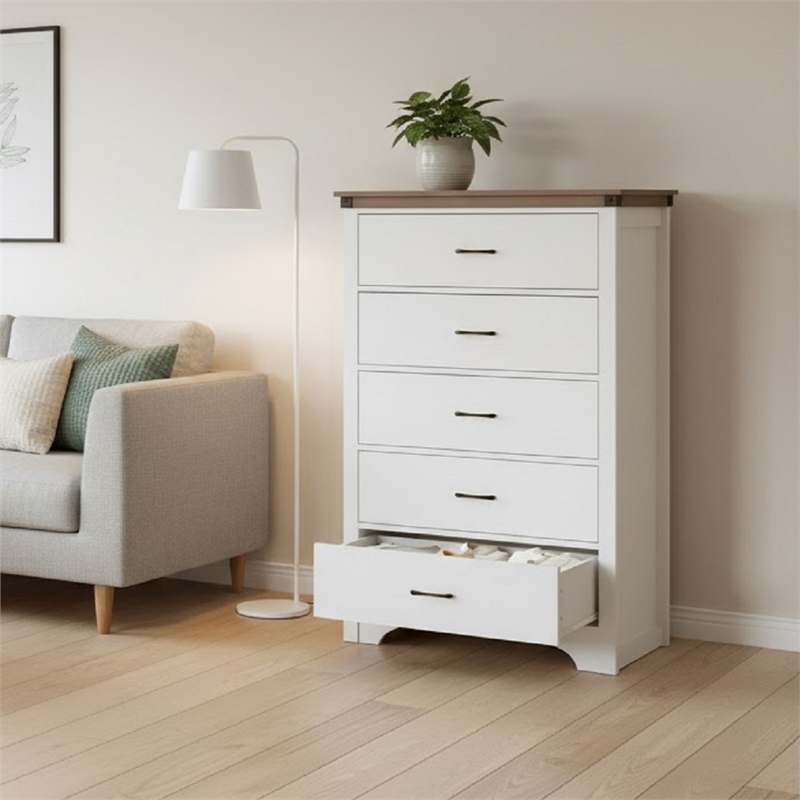 Farmhouse 5-Drawer Dresser with Anti-Tipping Device & Storage Organizer - White