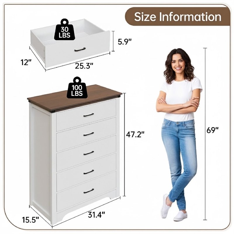 Farmhouse 5-Drawer Dresser with Anti-Tipping Device & Storage Organizer - White