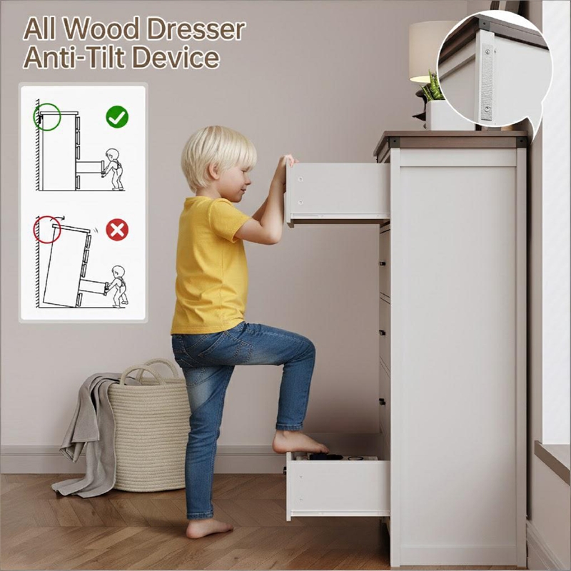 Farmhouse 5-Drawer Dresser with Anti-Tipping Device & Storage Organizer - White