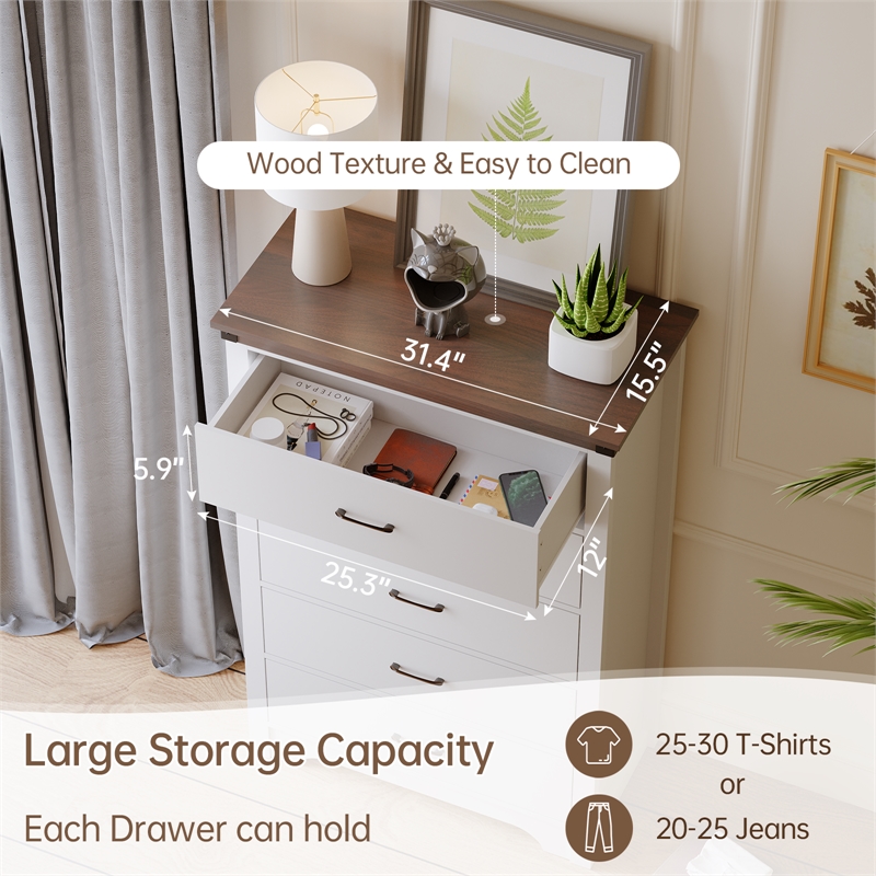 Farmhouse 5-Drawer Dresser with Anti-Tipping Device & Storage Organizer - White