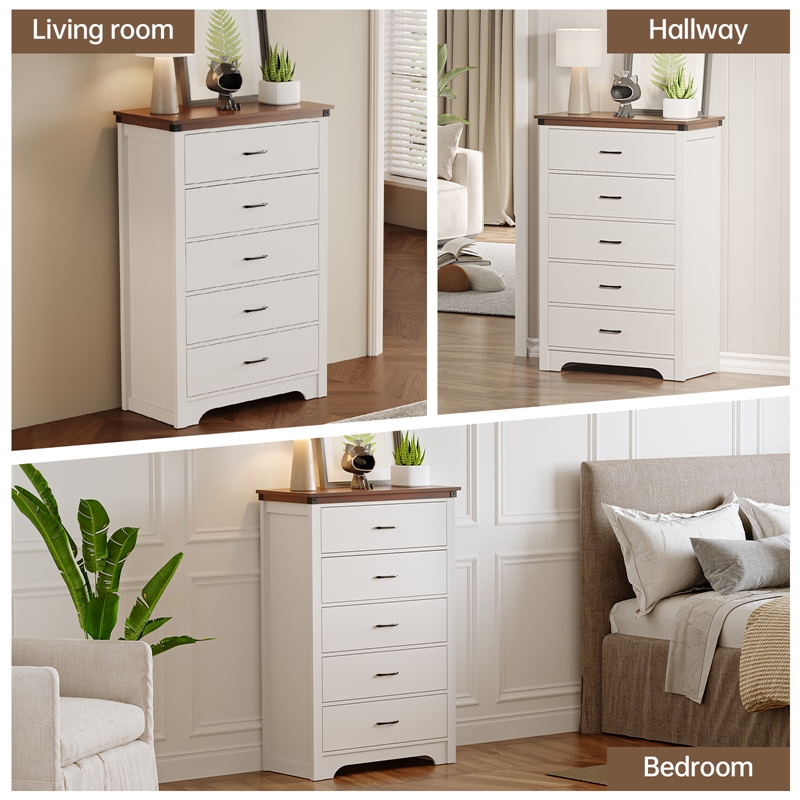 Farmhouse 5-Drawer Dresser with Anti-Tipping Device & Storage Organizer - White