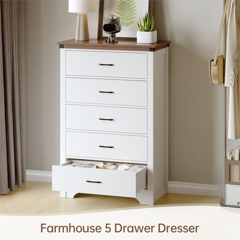 Farmhouse 5-Drawer Dresser with Anti-Tipping Device & Storage Organizer - White