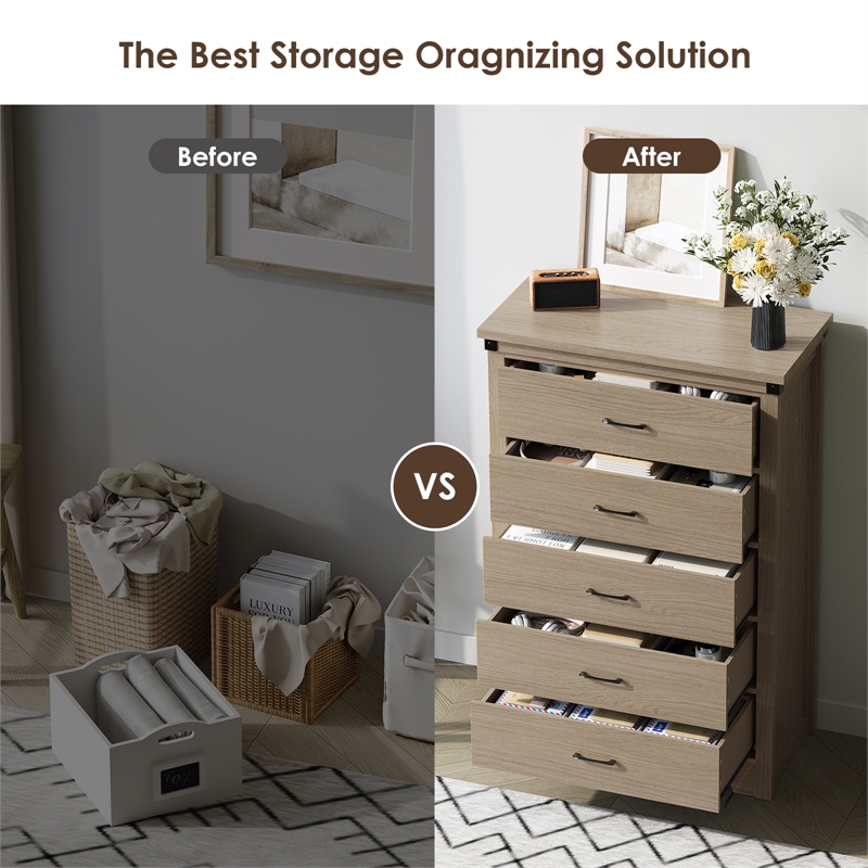 Modern 5-Drawer Tall Dresser with Anti-Tipping Device & Storage Organizer - Oak