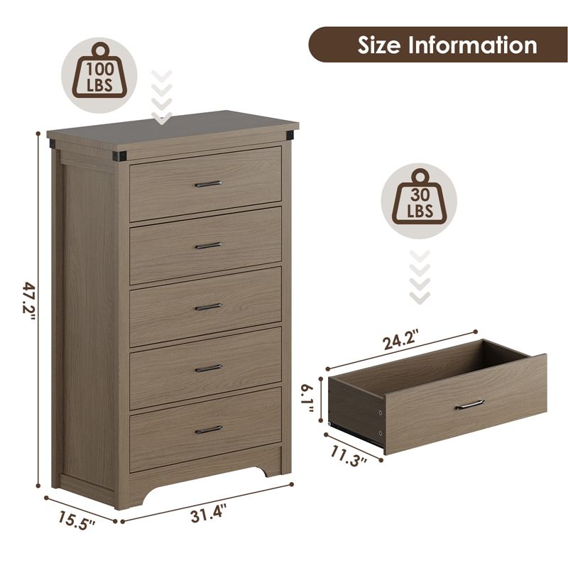 Modern 5-Drawer Tall Dresser with Anti-Tipping Device & Storage Organizer - Oak