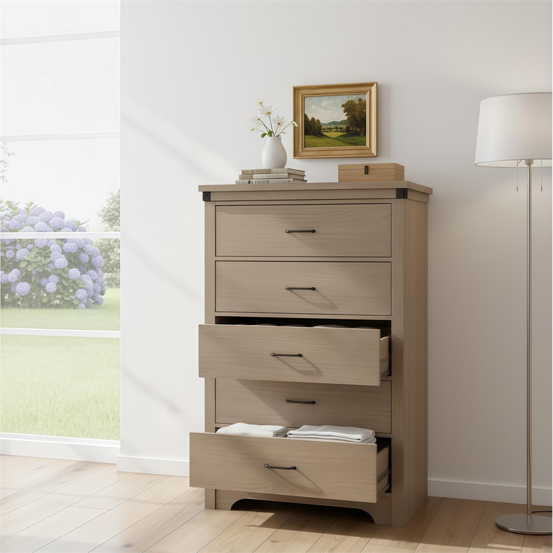 Modern 5-Drawer Tall Dresser with Anti-Tipping Device & Storage Organizer - Oak