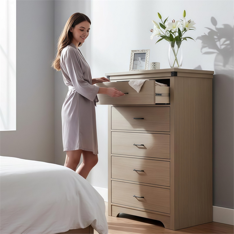 Modern 5-Drawer Tall Dresser with Anti-Tipping Device & Storage Organizer - Oak