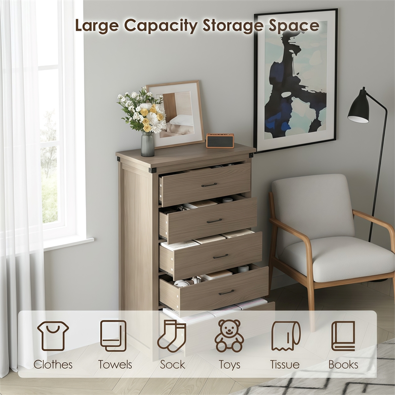 Modern 5-Drawer Tall Dresser with Anti-Tipping Device & Storage Organizer - Oak