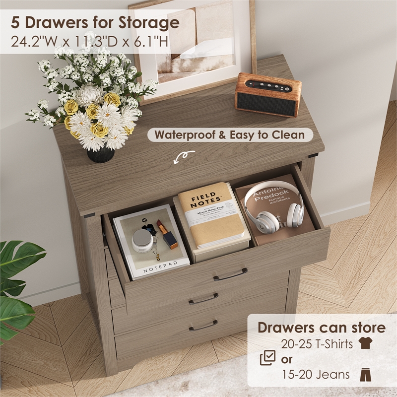 Modern 5-Drawer Tall Dresser with Anti-Tipping Device & Storage Organizer - Oak