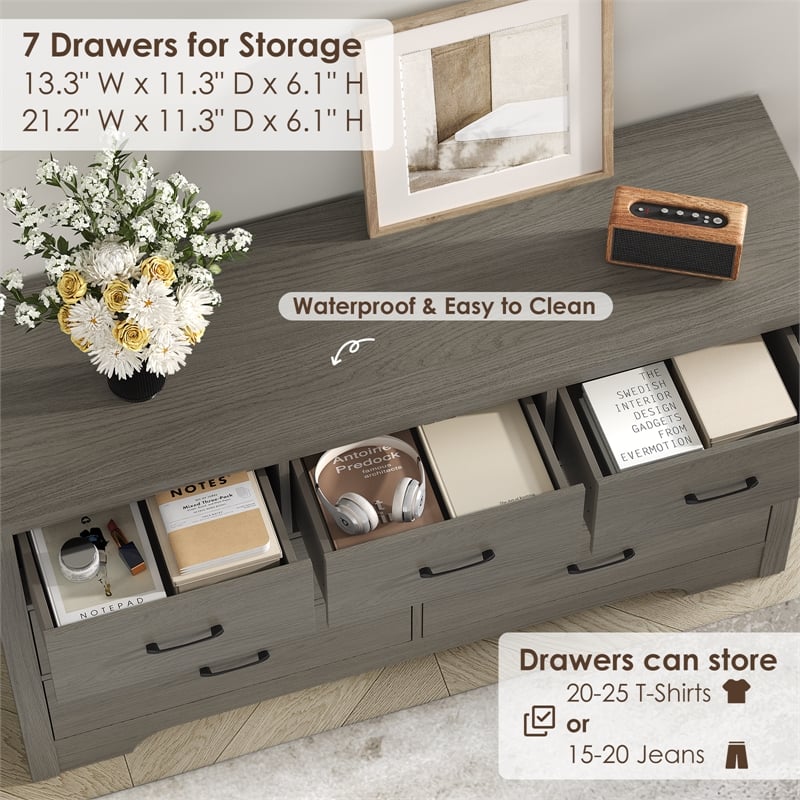 Modern 7-Drawer Dresser with Anti-Tipping Device & Storage Organizer  - Gray