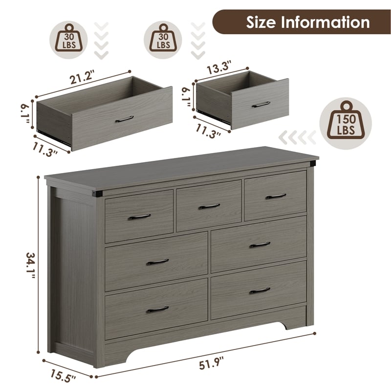 Modern 7-Drawer Dresser with Anti-Tipping Device & Storage Organizer  - Gray